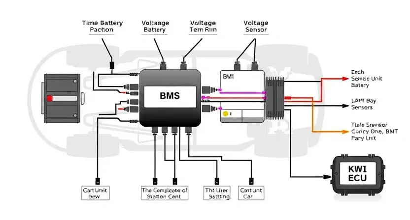 A detailed diagram illustrating a car's battery management system (BMS) and its communication with the engine control unit (ECU). Show the BMS as a central module with wires connecting to the battery, voltage sensors, and the ECU. Highlight the communication pathway and the data exchange between the BMS and ECU. Use clear labels for each component and connection. Focus on the technical aspects of the system's architecture.