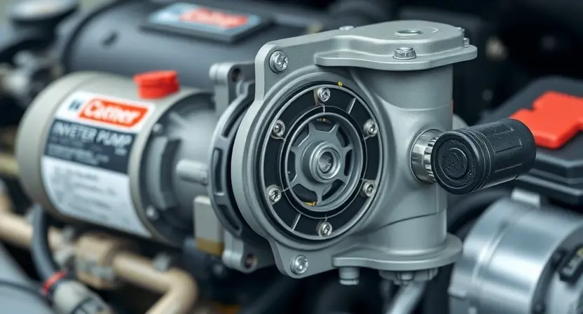 A close-up, detailed illustration of an inverter cooling pump. The pump should be depicted with visible components like the motor, impeller, and housing. Focus on the mechanical aspects and connections. The background should be a blurred representation of an engine compartment.