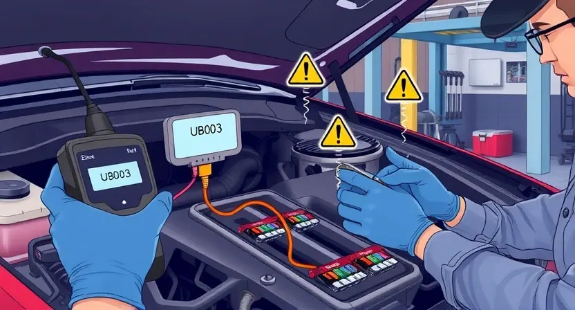 A detailed illustration of a car's engine compartment with a diagnostic scanner connected to the OBD-II port, displaying the error code U3003 on its screen; nearby, a mechanic in work gloves examines wiring harnesses and electrical connectors, with subtle visual indicators like warning symbols and voltage waveforms floating in the air to represent electrical faults; the background shows a garage setting with tools and a vehicle lift, all rendered in a clean, technical, and professional style sui