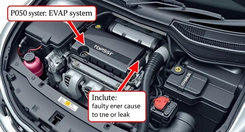 A detailed illustration of a car's engine bay with various components clearly visible, highlighting the area related to the P0550 error code. Include visual cues representing potential causes of the code, such as a faulty EVAP system or a leak.