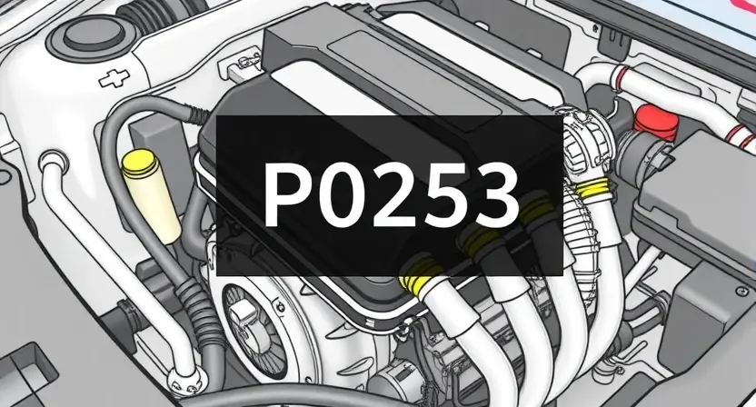A detailed illustration of a car engine with a diagnostic code P0253 highlighted. The engine should be realistically rendered, showing various components like the catalytic converter, oxygen sensors, and exhaust system. A digital overlay displays the P0253 error code in a clear, readable font.