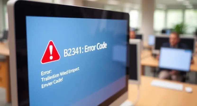 A computer screen displaying an error message "B2341: Error Code" with a red exclamation mark. The background is a blurred office environment.