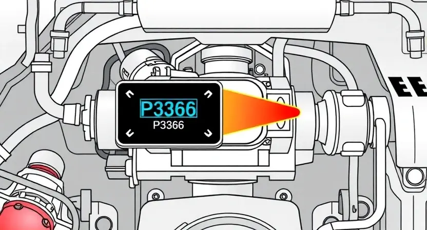 A high-quality technical illustration of a gas injection system showing a warning indicator for error code P3366, with clean lines, precise details, and a professional diagnostic environment, no text or numbers visible on the image