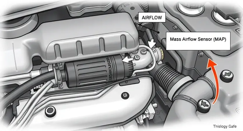 A detailed illustration of a car's engine bay, highlighting the Mass Airflow Sensor (MAP sensor) and its connection to the engine control unit (ECU). Include arrows indicating the airflow direction and the sensor's measurement of pressure. Focus on the sensor's physical appearance and its placement within the engine system.