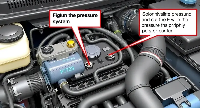 A detailed illustration of an automotive engine compartment, focusing on the solenoid valve (E) and its connection to the pressure system. The image should clearly show the solenoid valve, hoses, and wiring related to the P2723 error code. The background should be slightly blurred to emphasize the components.