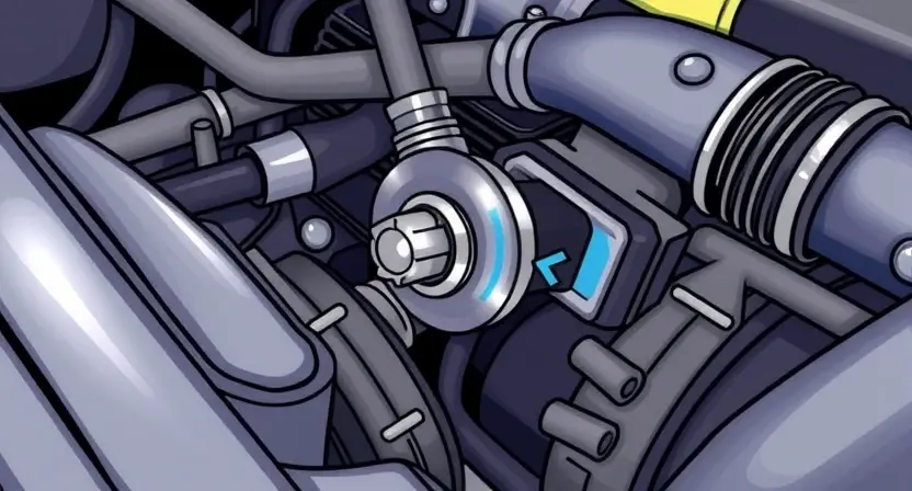 A close-up, detailed illustration of a car engine bay with a focus on the engine coolant temperature sensor. The sensor should be clearly visible, along with surrounding hoses and wiring. The overall scene should convey a sense of automotive mechanics and diagnostics.