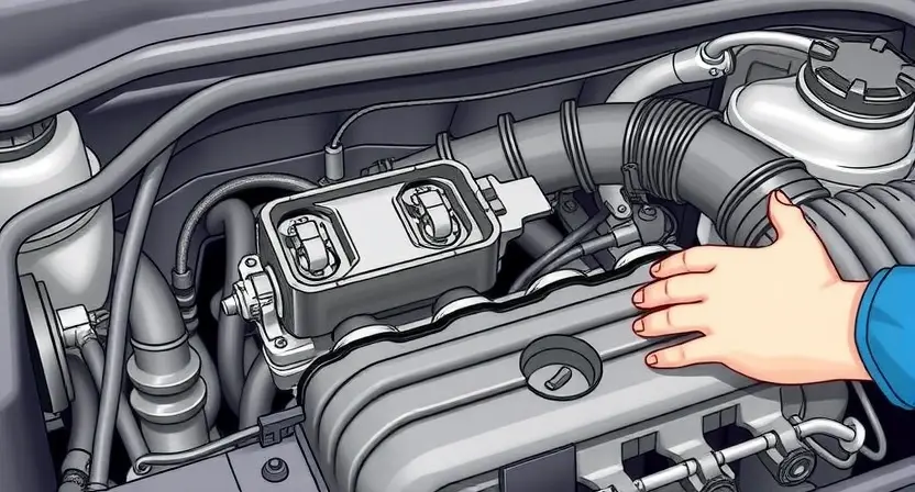 A detailed illustration of a car's engine bay, focusing on the Mass Air Flow (MAF) sensor and the intake manifold. The MAF sensor should be clearly visible, along with the surrounding hoses and connections. A technician's hands could be subtly shown inspecting the sensor or intake system. The overall scene should convey a sense of automotive repair and diagnostics.