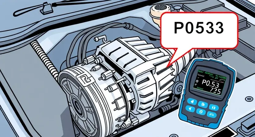A detailed illustration of a car's engine bay with a diagnostic tool connected to the vehicle's computer. The focus should be on the area where the P0533 error code might be related to, such as the transmission or a sensor. Include visual cues representing the error code, like a highlighted area or a warning symbol.