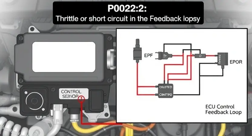 A detailed illustration of an engine control unit (ECU) with wiring diagrams highlighting a potential open or short circuit in the feedback loop. Focus on the components involved in the P0202 error code, such as the throttle position sensor and the ECU's control circuitry. The image should be scientifically accurate and visually clear, showcasing the electrical connections and potential fault areas.