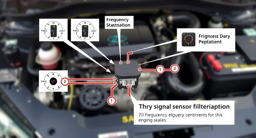 A detailed illustration of a car's engine bay, focusing on the sensor circuit. Include wiring diagrams, the frequency sensor itself, and a visual representation of the signal flow. The background should be a slightly blurred engine bay environment.