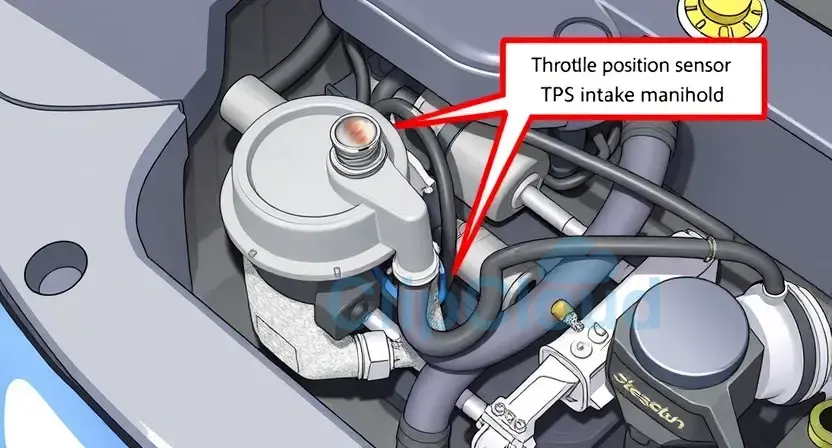 A detailed illustration of a car engine bay, focusing on the throttle position sensor (TPS) and its connection to the intake manifold. The image should clearly show the sensor's physical appearance, wiring, and surrounding components. Include visual cues indicating a potential malfunction, such as a slightly disconnected wire or a dirty sensor. The overall lighting should be bright and informative, suitable for a diagnostic guide.