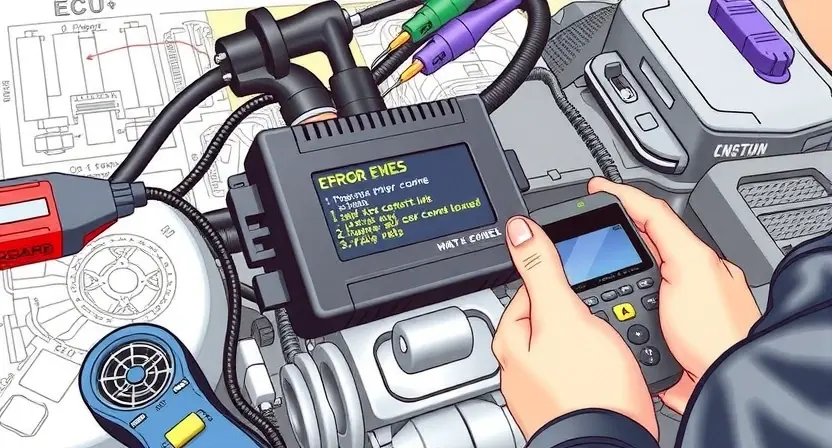 A detailed illustration of a car's engine control unit (ECU) with wiring diagrams and diagnostic tools surrounding it. Focus on the ECU's display showing error codes, and a mechanic's hands working on a diagnostic scanner.