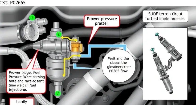 A detailed illustration of an engine's fuel injector circuit, highlighting the P0265 error code and its potential causes. Include visual representations of fuel pressure, injector flow, and related components. Focus on clarity and technical accuracy.