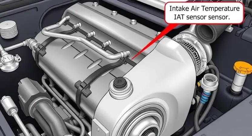 A close-up, detailed illustration of an engine bay with a focus on the Intake Air Temperature (IAT) sensor. The sensor should be clearly visible, along with surrounding hoses and wiring. The overall scene should be clean and well-lit, emphasizing the sensor's position and connection points. The engine should be modern and representative of a common vehicle type.