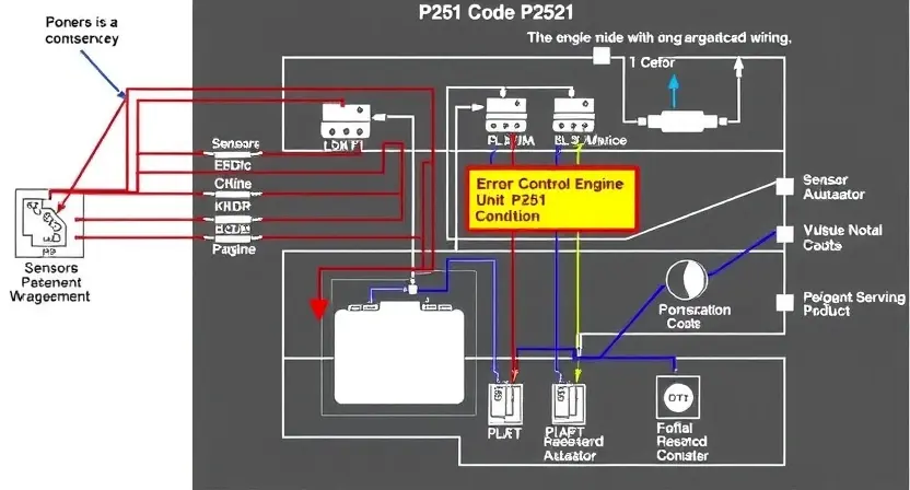 A detailed schematic diagram illustrating a P2521 error code in a vehicle's engine control unit (ECU). The diagram should show the relevant sensors, actuators, and wiring associated with the error. Include visual cues to represent the error condition, such as a highlighted component or a warning symbol.