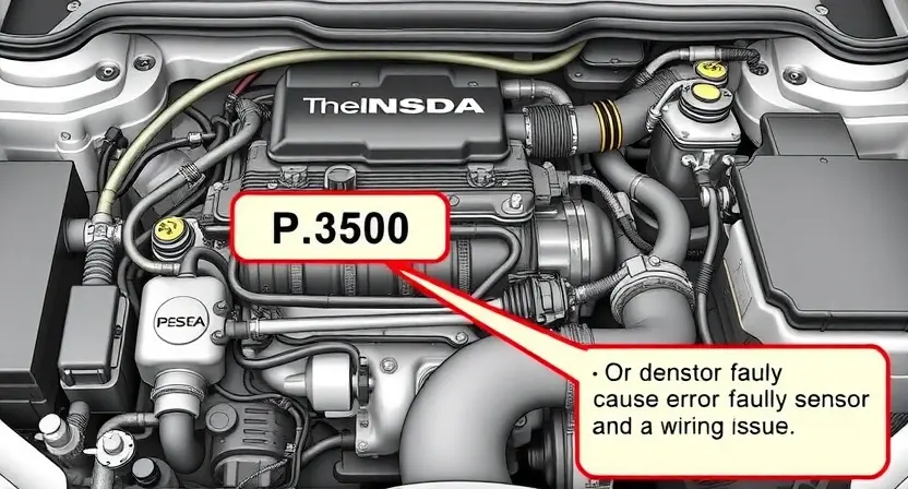 A detailed illustration of an automotive engine bay with various sensors, wiring harnesses, and components. Highlight the area related to the P2500 error code. Include visual cues representing the potential causes of the error, such as a faulty sensor or wiring issue. Focus on clarity and technical accuracy.
