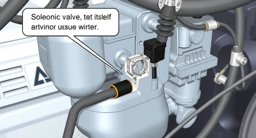 A detailed illustration of an ABS (Anti-lock Braking System) module with a highlighted solenoid valve and its associated wiring. The image should clearly show the components and their connections. Focus on the solenoid valve itself, indicating a potential issue with the circuit. The background should be a clean, technical environment, like a workshop or laboratory.