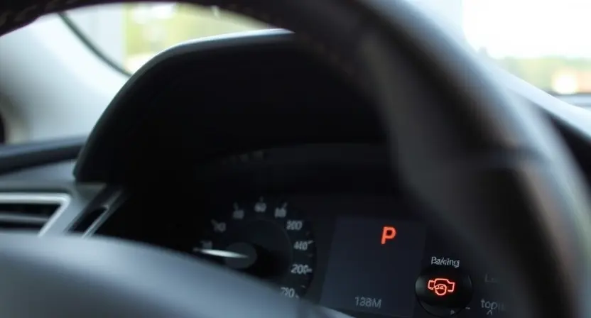 A close-up, detailed image of a car's dashboard with the parking brake indicator illuminated. The dashboard should be clean and modern, focusing on the indicator light. The car interior should be subtly visible but not distracting.
