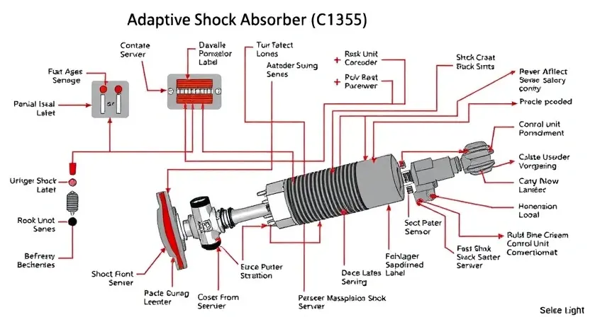 A detailed schematic diagram of a car's adaptive shock absorber circuit, highlighting the C1355 component. Include various sensors, actuators, and control unit connections. Use clear labels and color-coding to differentiate components. Focus on the internal workings of the shock absorber and its connection to the vehicle's suspension system.