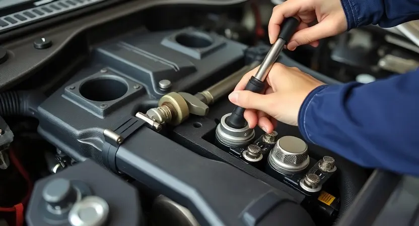 A mechanic is working on the oxygen sensor of a car engine. The engine is partially disassembled, revealing the exhaust manifold and the oxygen sensor being replaced. Tools like wrenches and sockets are visible. Focus on the engine bay and the sensor replacement process.