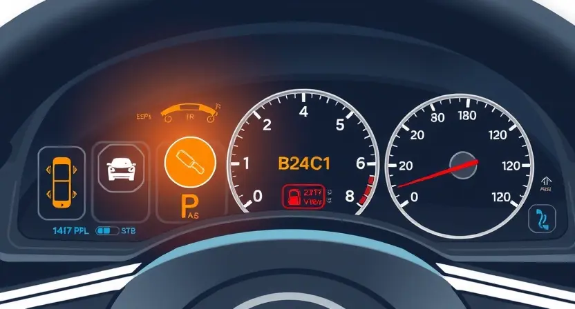 A detailed illustration of a car's adaptive lighting system, highlighting the B24C1 error code indicator on the dashboard. The image should show the system's components, such as sensors, lights, and wiring, with a focus on the error message.