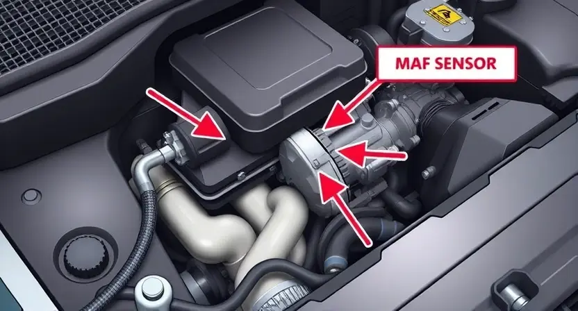 A detailed illustration of a car engine bay with a focus on the mass airflow sensor (MAF sensor). The MAF sensor should be clearly visible, with arrows pointing to its location and surrounding components. The overall scene should convey a sense of technical precision and diagnostic investigation. Include subtle visual cues suggesting airflow, such as faint lines or gradients indicating air movement.