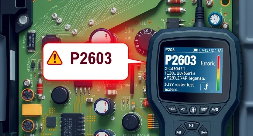 A detailed illustration of an electrical circuit board with a P2603 error indicator highlighted. The circuit board should show various components like resistors, capacitors, and integrated circuits. A diagnostic scanner is connected to the board, displaying a graphical representation of the error code and related data. The lighting should be bright and focused on the error indicator and the scanner display.