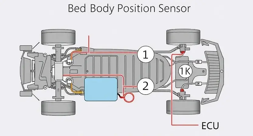 A detailed diagram illustrating a car's body position sensor and its connection to the vehicle's electrical system. The diagram should clearly show the sensor's location on the car's chassis, wiring harness, and connection to the car's computer (ECU). Use clear, technical illustrations and labels to identify each component. Focus on the sensor itself and its physical placement.
