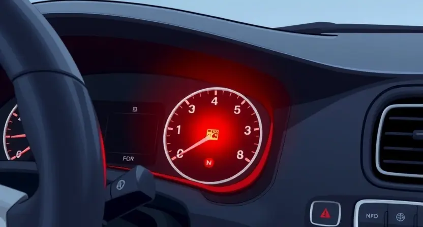 A detailed illustration of a car dashboard showing a cruise control warning light illuminated. The dashboard should be realistically rendered with visible buttons and gauges. Focus on the warning light and its proximity to the cruise control settings.