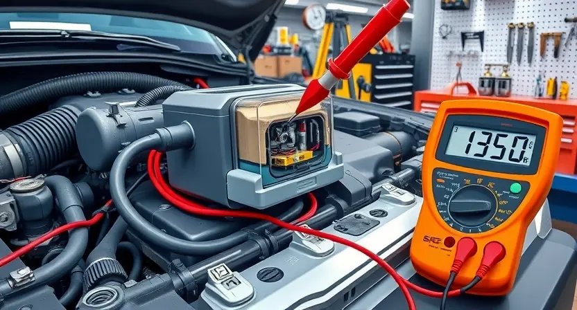 A detailed illustration of a car engine with a focus on the glow plug relay and its wiring. Show the relay in a disassembled state to highlight its internal components. Include a multimeter in the scene to indicate the process of checking the relay and the glow plug circuit. The background should feature a well-lit workshop with various automotive tools and equipment.