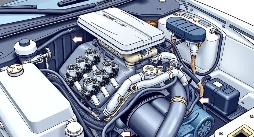 A detailed illustration of an automotive engine bay, focusing on the fuel system components. Include fuel injectors, fuel rail, and a fuel pressure gauge. The engine should be depicted in a realistic, slightly angled view, showcasing the components clearly. The background should be a blurred view of a car's interior.