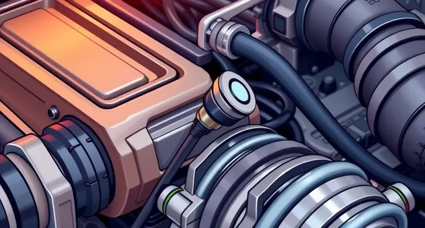 A close-up, detailed illustration of a car engine with a focus on the coolant temperature sensor. The sensor should be clearly visible, with surrounding engine components subtly in focus. The overall color palette should be realistic, showcasing metallic textures and engine fluids.