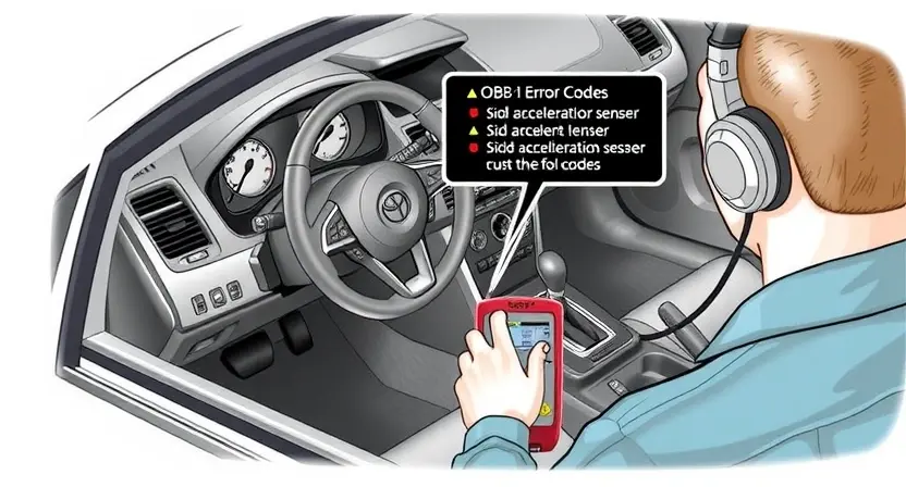 A detailed illustration of a car's interior, focusing on the dashboard and the area around the steering wheel. Highlight the location of the side acceleration sensor within the vehicle's system. Show a technician using diagnostic equipment (like a scan tool) connected to the car's OBD-II port, displaying error codes related to the side acceleration sensor. The image should convey a sense of automotive repair and diagnostics.