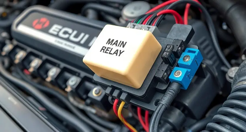 A close-up, detailed illustration of an automotive engine control unit (ECU) with a highlighted main relay. Focus on the wiring connections and internal components of the relay, showing potential points of failure. The background should be a slightly blurred view of the engine bay.