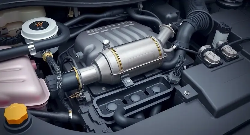 A detailed illustration of an automotive engine bay, focusing on the catalytic converter and its associated wiring. The image should depict a close-up view, highlighting the potential issue of a missing signal. Include visual cues suggesting a problem, such as a disconnected wire or a damaged component. The overall aesthetic should be realistic and informative.