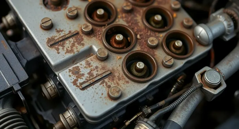 A close-up view of a car engine with visible pistons and valves, showing signs of wear and tear such as oil stains and metal shavings. The engine should appear to be in a state of disrepair, with a focus on the area where the pistons and valves are located to indicate the source of the knocking sound.