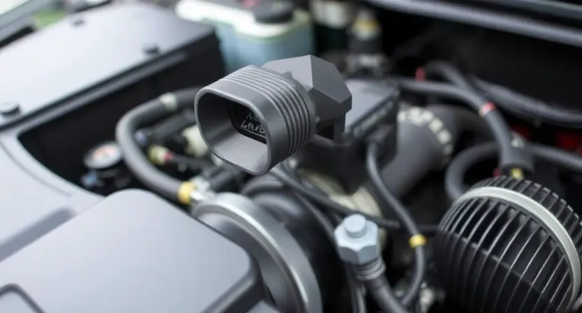 A close-up, detailed image of a car's engine bay. Focus on the mass airflow sensor (MAF sensor) and its surrounding components. The engine should appear clean and well-maintained. The lighting should be bright and even, highlighting the sensor's details.