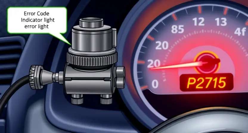 A detailed illustration of an automotive solenoid valve, highlighting the P2715 error code indicator light on a dashboard. The solenoid valve should be depicted in a realistic, technical style, with visible wiring and components. The dashboard should show the error light illuminated, with a clear indication of the P2715 code.