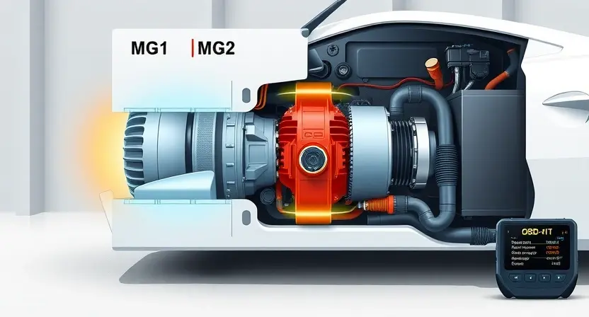 A detailed illustration of a hybrid car's motor-generator system, specifically focusing on the MG1 and MG2 components. Show the cooling system, including radiators, hoses, and coolant flow paths. Highlight areas prone to overheating with a subtle heat effect. Include a diagnostic tool connected to the car's OBD-II port, displaying error codes related to overheating. The scene should be set in a well-lit garage or workshop environment.
