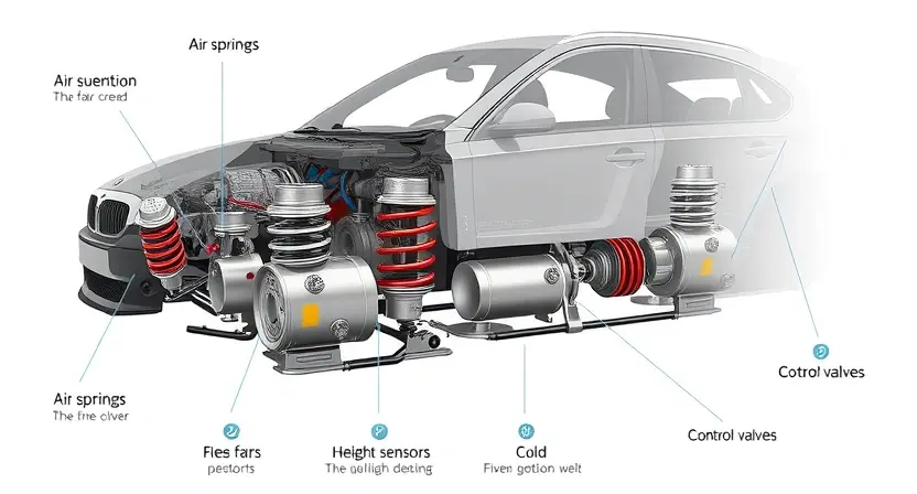 A high-quality technical illustration showing a modern car's air suspension system with visible components like air springs, compressor, height sensors, and control valves, rendered in clean technical diagram style with labeled parts and realistic metallic textures