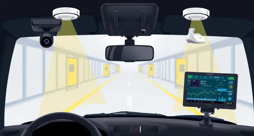 A detailed illustration depicting a system monitoring blind spot, showcasing sensors, cameras, and a control panel. The image should highlight the technology used to detect blind spots in a vehicle or industrial setting. Focus on clarity and technical accuracy.