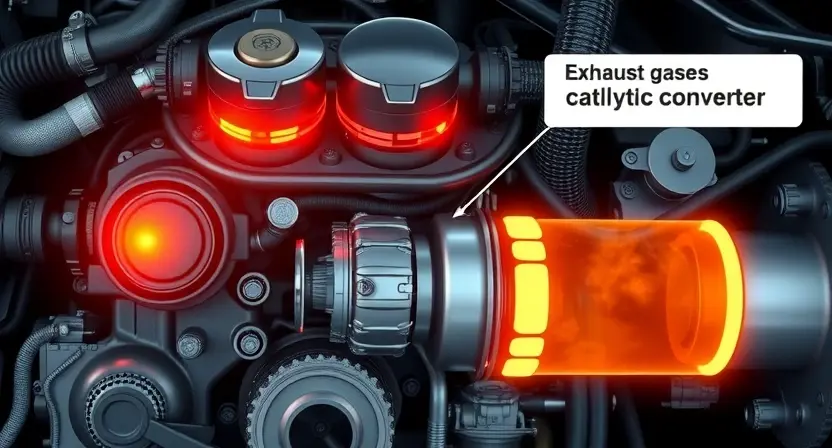 A high-quality technical illustration showing an engine control system with highlighted ignition misfire causing exhaust gases to contaminate a catalytic converter, featuring detailed engine components, glowing warning indicators, and a glowing catalytic converter with soot buildup, all rendered in the specified style