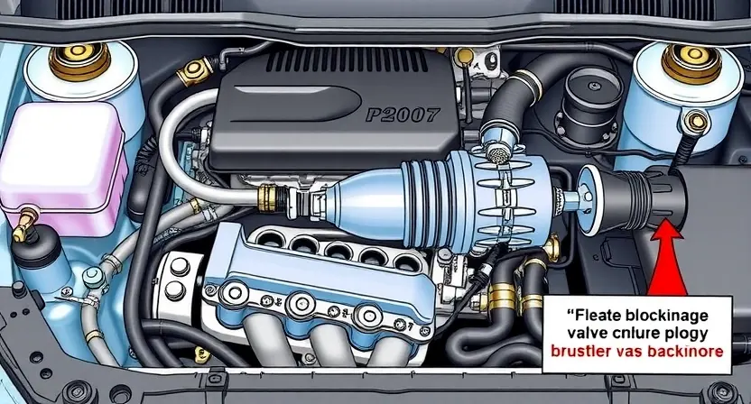 A detailed illustration of a car engine bay, focusing on the intake manifold and throttle body. The throttle body is depicted with a partially obstructed or stuck valve, visually representing the 'valve blockage' described in the error code P2007. The engine should appear clean and well-maintained, with visible hoses and components. The overall lighting should be bright and clear, allowing for easy identification of the relevant parts.