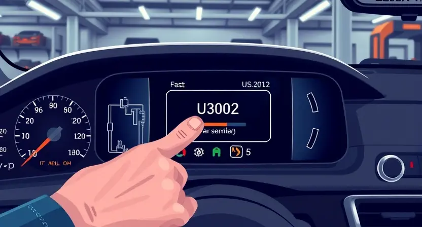 A detailed technical illustration of a car's onboard diagnostic system displaying error code U3002 on a digital dashboard screen, with wiring diagrams, sensor icons, and a mechanic's hand pointing at the code, set in a modern auto repair shop with soft ambient lighting and diagnostic tools nearby