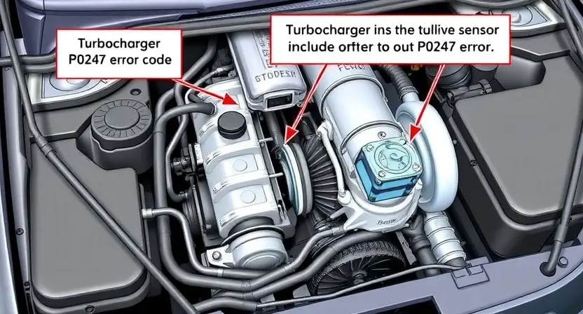 A detailed illustration of a car engine bay, focusing on the turbocharger and related components. The turbocharger should be prominently displayed, with visible piping and connections. Include sensors and wiring relevant to the P0247 error code. The engine should be in a slightly angled perspective, showcasing the complexity of the system.