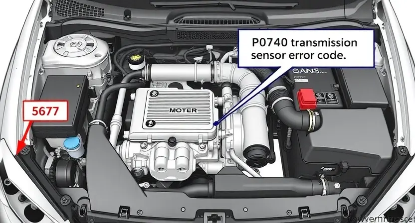 A detailed illustration of a car's engine bay, focusing on the transmission and related components. Include visual cues representing the P0740 error code, such as a highlighted sensor or a warning light. The image should be clean and professional, showcasing the complexity of the system.