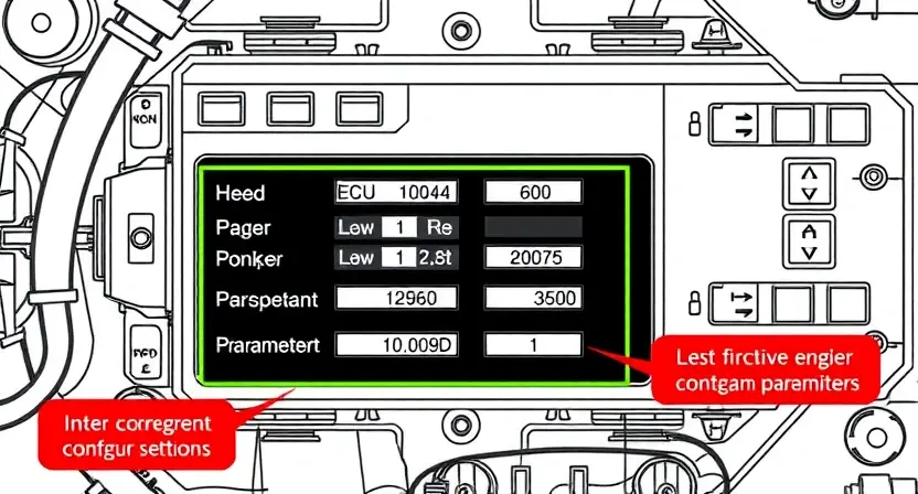 A detailed illustration of an engine control unit (ECU) with highlighted areas indicating incorrect configuration parameters. The ECU should be depicted in a technical drawing style, with clear labels pointing to specific settings. Include visual cues representing error messages or warnings.