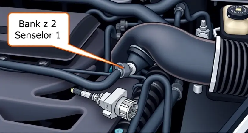 A close-up, detailed illustration of a car engine bay. Focus on the oxygen sensor (Bank 2 Sensor 1) and its wiring. The engine should be clean and well-lit, showcasing the sensor's location near the exhaust manifold. Include subtle visual cues indicating a potential malfunction, such as a slightly discolored sensor or a loose wire. The overall aesthetic should be technical and informative, suitable for a repair manual.