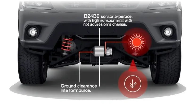 A detailed illustration of a vehicle's headlight correction system, focusing on the B24B0 sensor and its interaction with the suspension and chassis. Show the sensor's physical appearance and how it communicates with the vehicle's computer. Include visual representations of ground clearance and the adjustment mechanism.