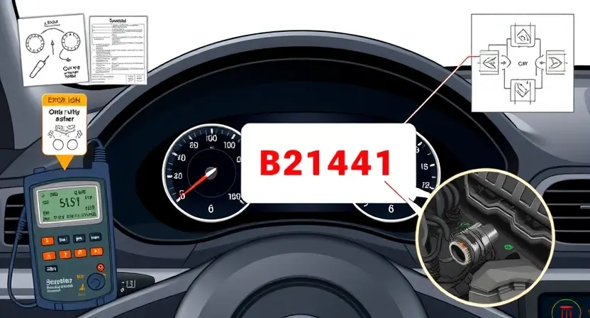A detailed technical illustration showing a car dashboard with a warning light indicating error B2141, surrounded by diagnostic tools like an OBD-II scanner, multimeter, and wiring diagrams, with close-up views of a faulty sensor or connector in the engine bay, all rendered in a clean, professional, high-resolution technical style suitable for an automotive repair guide